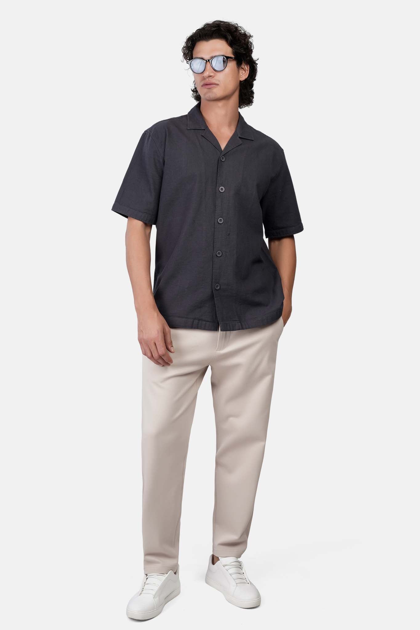 Slub Tennis-Collar Half-Sleeve Shirt