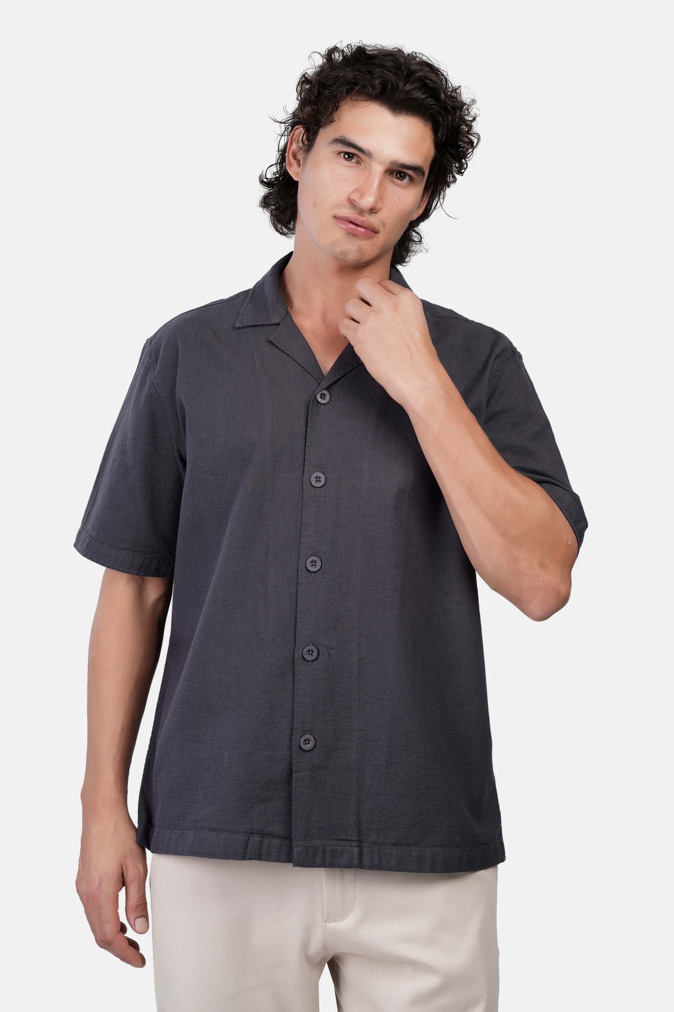 Slub Tennis-Collar Half-Sleeve Shirt